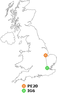 map showing distance between PE20 and IG6