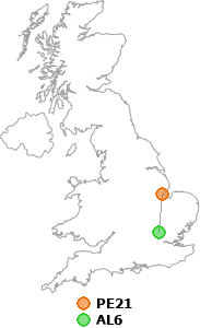 map showing distance between PE21 and AL6