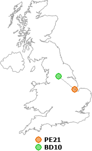 map showing distance between PE21 and BD10