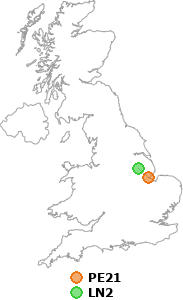 map showing distance between PE21 and LN2