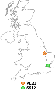 map showing distance between PE21 and SS12