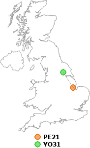 map showing distance between PE21 and YO31