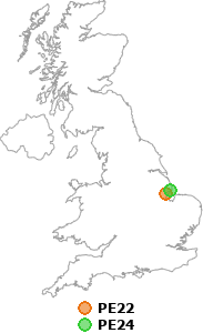 map showing distance between PE22 and PE24
