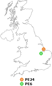 map showing distance between PE24 and PE6