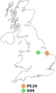 map showing distance between PE24 and S44