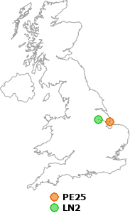 map showing distance between PE25 and LN2