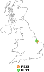 map showing distance between PE25 and PE23