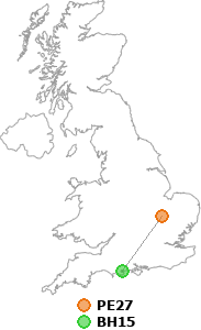 map showing distance between PE27 and BH15