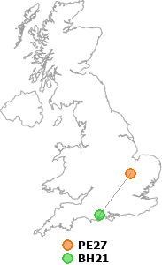 map showing distance between PE27 and BH21