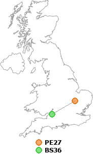 map showing distance between PE27 and BS36