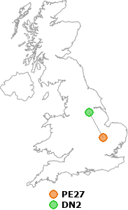 map showing distance between PE27 and DN2