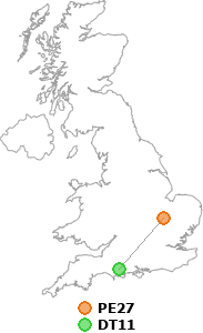map showing distance between PE27 and DT11