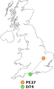 map showing distance between PE27 and DT4