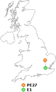 map showing distance between PE27 and E1