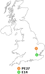 map showing distance between PE27 and E14