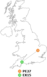 map showing distance between PE27 and EX15