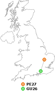 map showing distance between PE27 and GU26