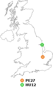 map showing distance between PE27 and HU12
