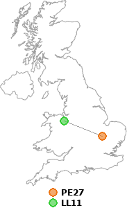 map showing distance between PE27 and LL11
