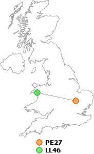 map showing distance between PE27 and LL46