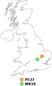 map showing distance between PE27 and MK18