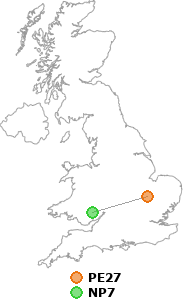 map showing distance between PE27 and NP7