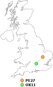 map showing distance between PE27 and OX11