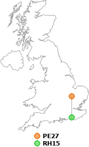 map showing distance between PE27 and RH15