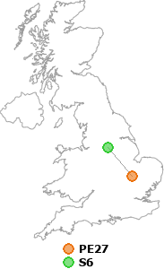 map showing distance between PE27 and S6