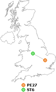 map showing distance between PE27 and ST6