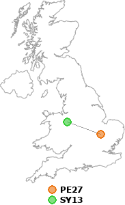 map showing distance between PE27 and SY13