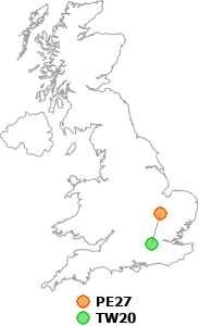 map showing distance between PE27 and TW20