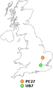 map showing distance between PE27 and UB7