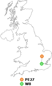 map showing distance between PE27 and W8