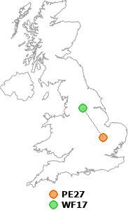 map showing distance between PE27 and WF17
