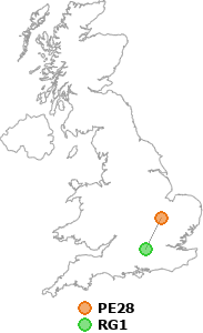 map showing distance between PE28 and RG1