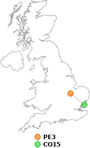 map showing distance between PE3 and CO15