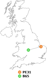 map showing distance between PE31 and B65