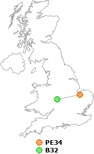 map showing distance between PE34 and B32