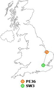 map showing distance between PE36 and SW3