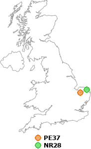 map showing distance between PE37 and NR28