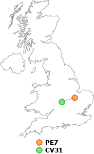map showing distance between PE7 and CV31