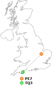 map showing distance between PE7 and TQ3