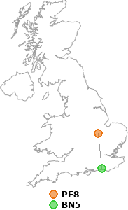 map showing distance between PE8 and BN5