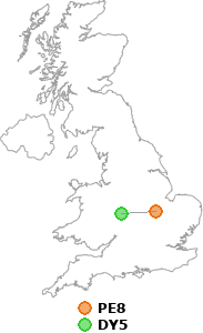 map showing distance between PE8 and DY5