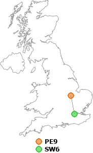 map showing distance between PE9 and SW6