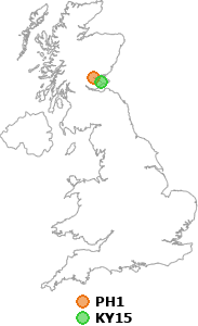 map showing distance between PH1 and KY15