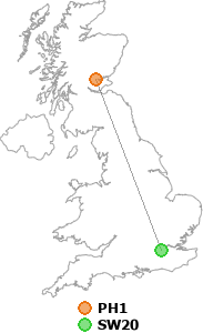 map showing distance between PH1 and SW20