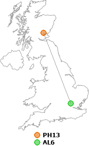 map showing distance between PH13 and AL6