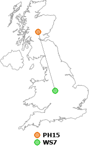 map showing distance between PH15 and WS7